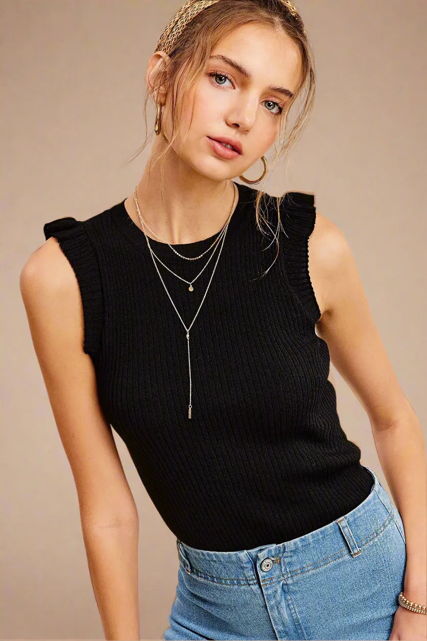 Ribbed Ruffle Sleeve Top Black