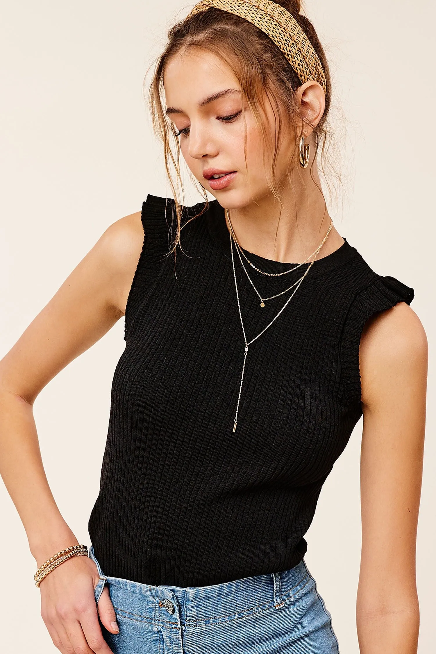 Ribbed Ruffle Sleeve Top Black