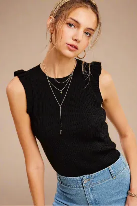 Ribbed Ruffle Sleeve Top Black