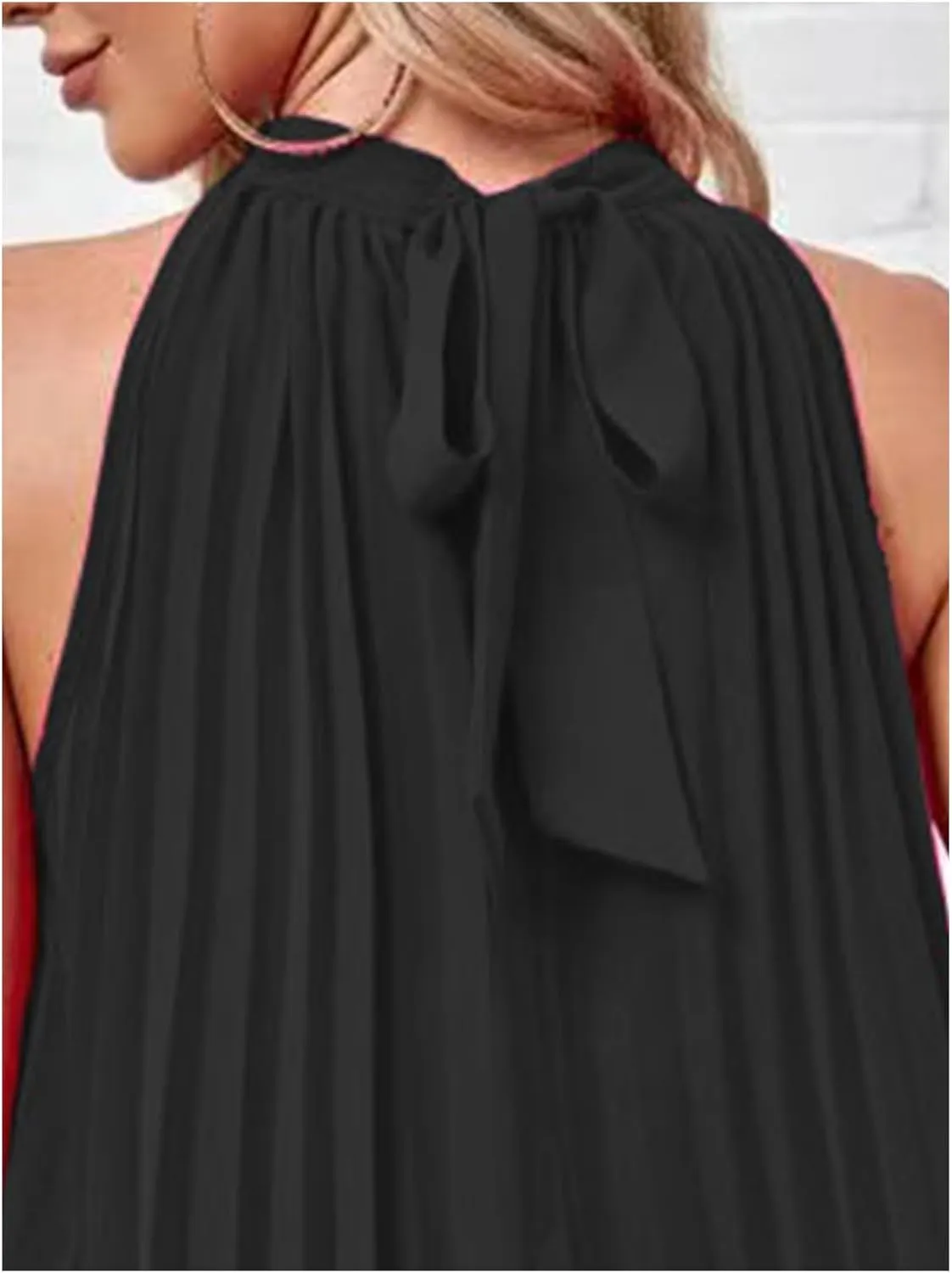 SEMATOMALA Women's Halter Neck Pleated Short Dress Sleeveless Tie Back Swing Mini Dress Casual A Line Flowy Dress