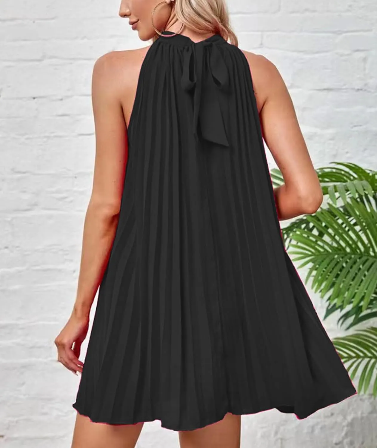 SEMATOMALA Women's Halter Neck Pleated Short Dress Sleeveless Tie Back Swing Mini Dress Casual A Line Flowy Dress