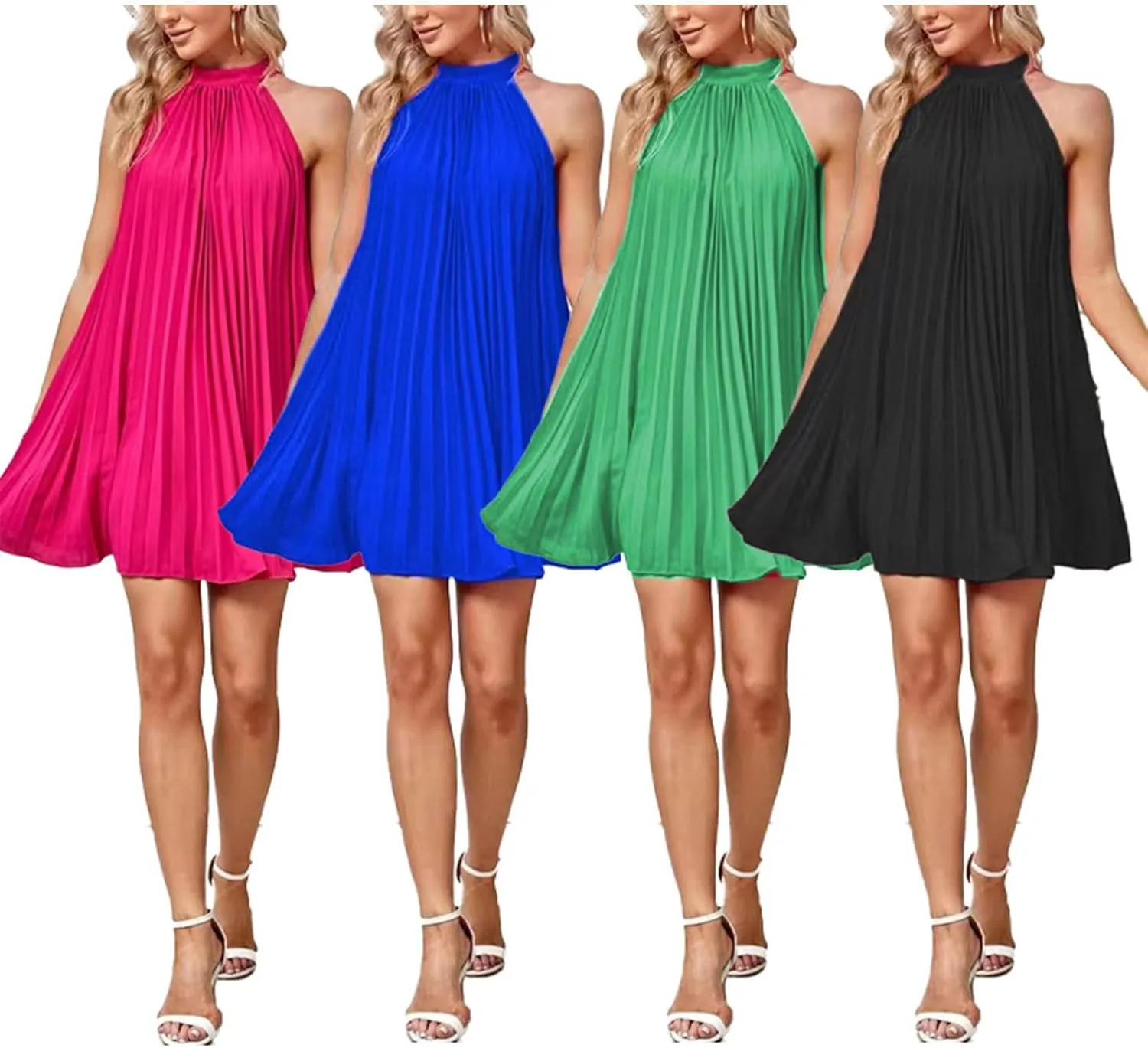 SEMATOMALA Women's Halter Neck Pleated Short Dress Sleeveless Tie Back Swing Mini Dress Casual A Line Flowy Dress
