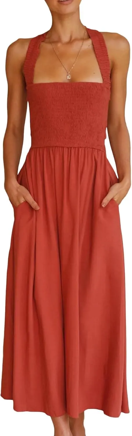 Sexyshine Women's Square Neck Halter Lace Up Criss Cross Maxi Dress Tie Back Sleeveless Smocked Ruched A Line Dress