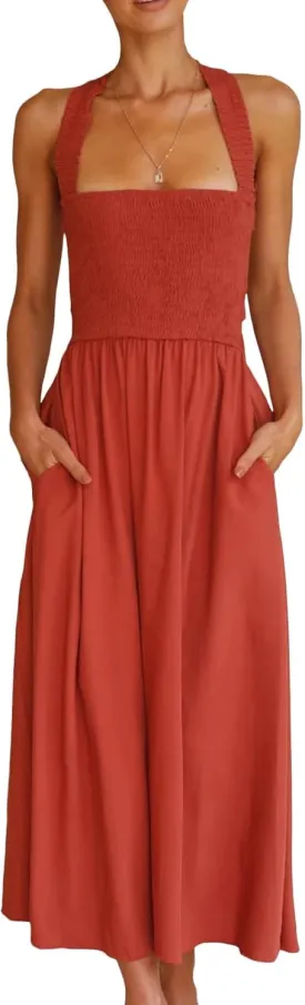 Sexyshine Women's Square Neck Halter Lace Up Criss Cross Maxi Dress Tie Back Sleeveless Smocked Ruched A Line Dress