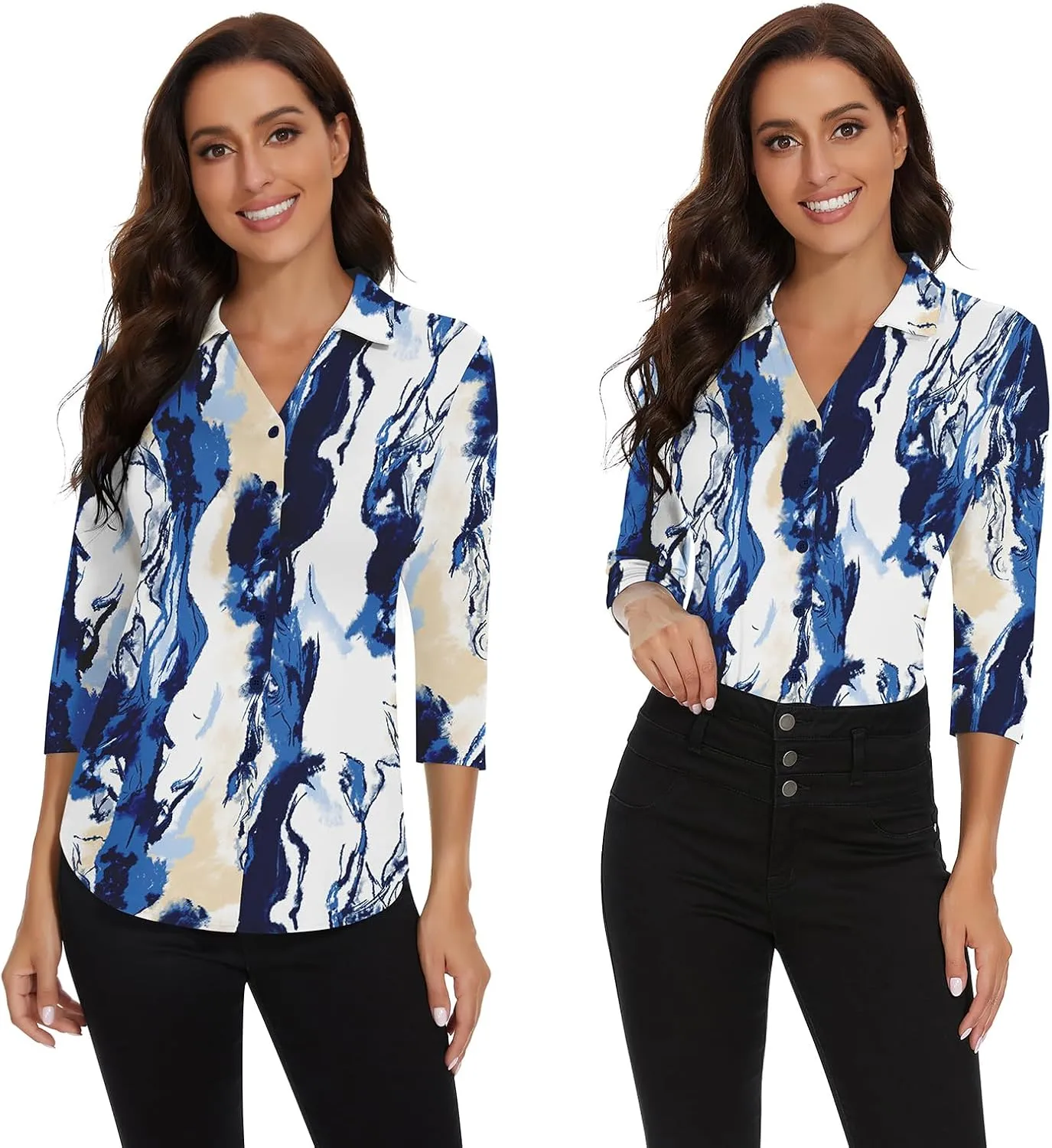 Soneven Womens 3/4 Sleeve Button Down Shirt V Neck Collared Polo Shirts Work Blouses