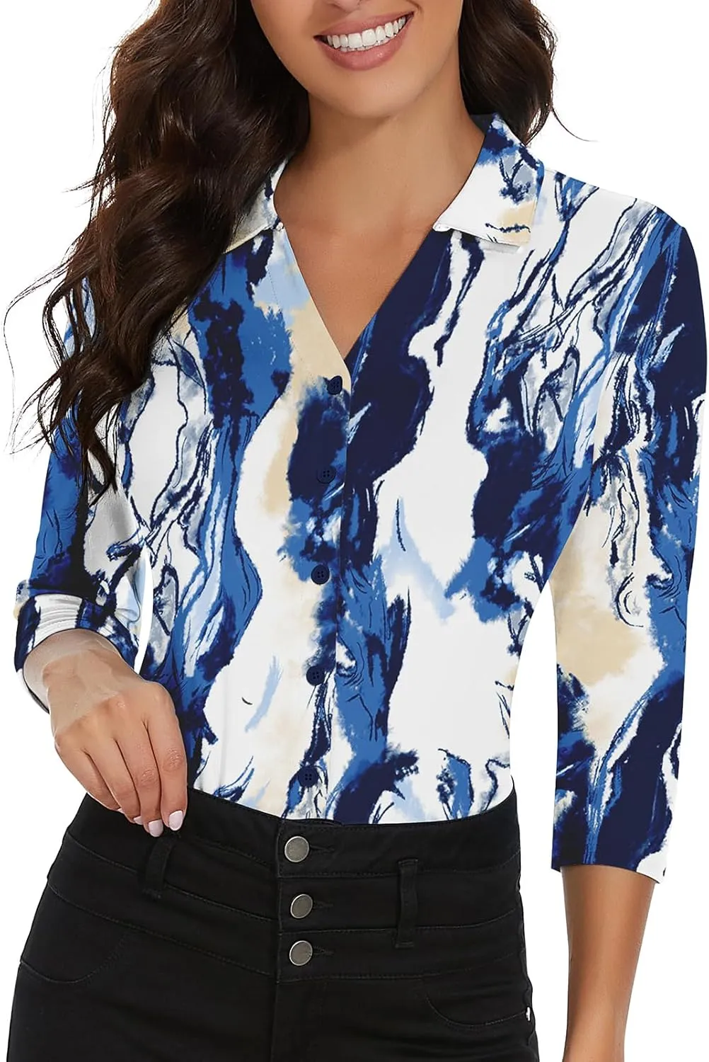 Soneven Womens 3/4 Sleeve Button Down Shirt V Neck Collared Polo Shirts Work Blouses