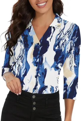 Soneven Womens 3/4 Sleeve Button Down Shirt V Neck Collared Polo Shirts Work Blouses