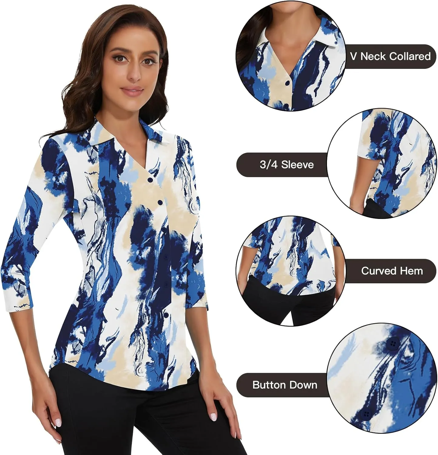Soneven Womens 3/4 Sleeve Button Down Shirt V Neck Collared Polo Shirts Work Blouses