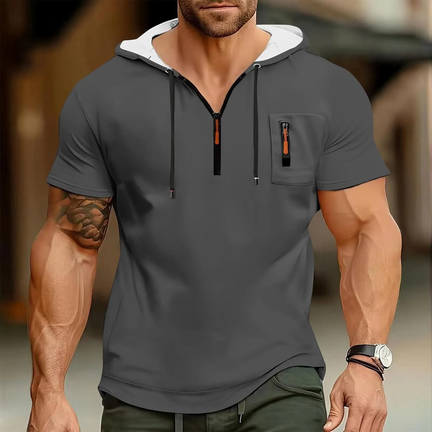 Summer 1/4 Zip Up Hoodies T-Shirt for Men Short Sleeve Workout Athletic Hooded Shirt Pullover Casual Tops Vests with Pockets