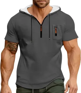 Summer 1/4 Zip Up Hoodies T-Shirt for Men Short Sleeve Workout Athletic Hooded Shirt Pullover Casual Tops Vests with Pockets