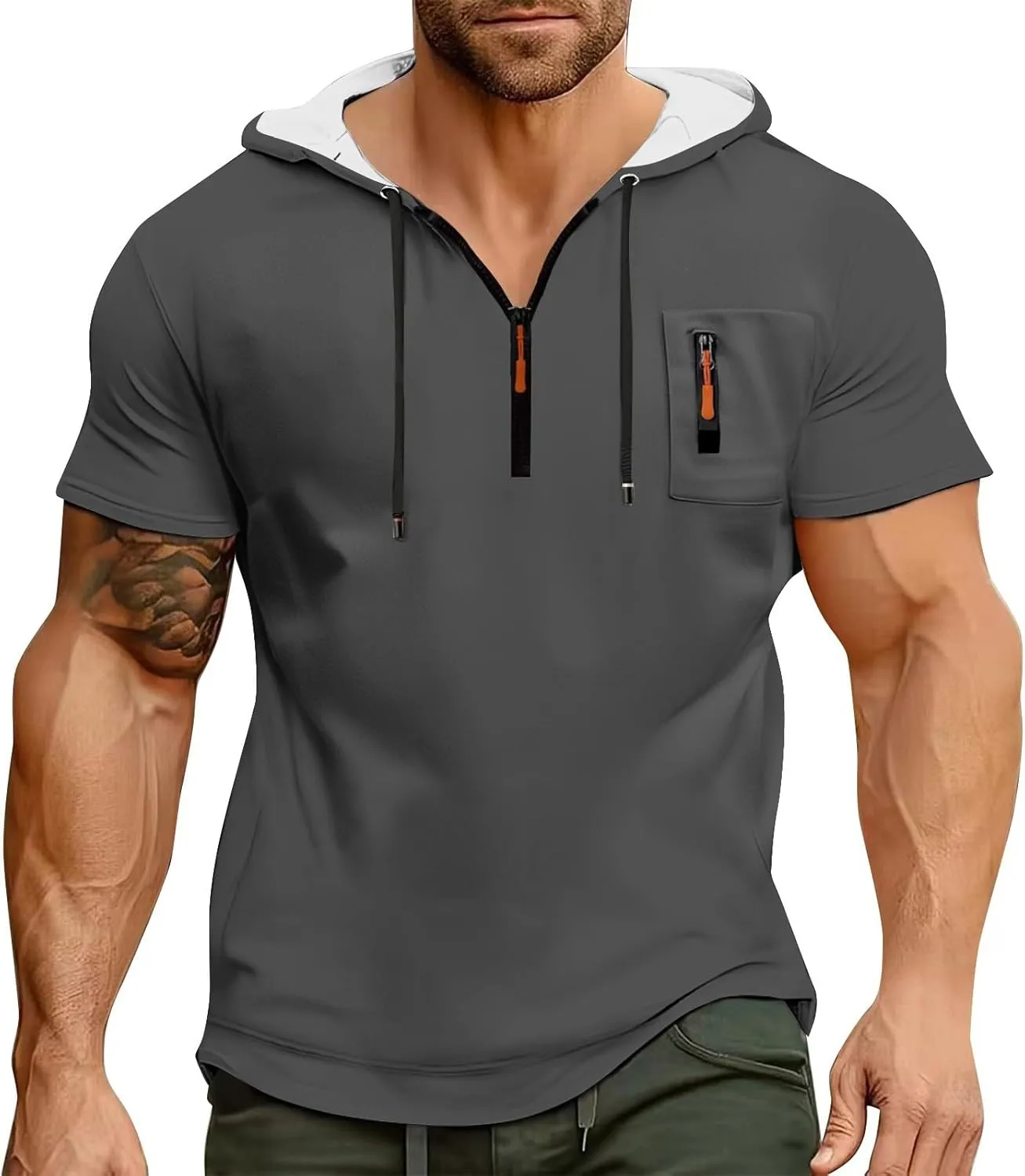 Summer 1/4 Zip Up Hoodies T-Shirt for Men Short Sleeve Workout Athletic Hooded Shirt Pullover Casual Tops Vests with Pockets