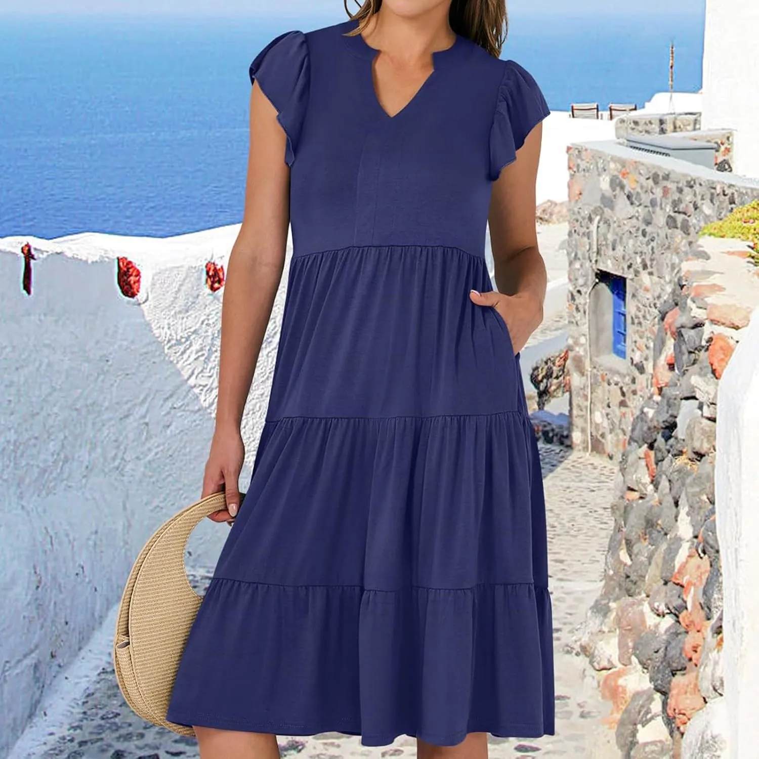 Summer Dresses for Women 2025 Ruffle Sleeve V-Neck Layered A-Line Midi Wedding Guest Boho Beach Vacation Sundresses
