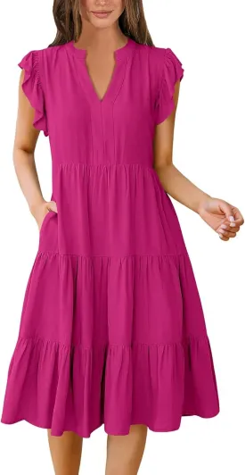 Summer Dresses for Women 2025 Ruffle Sleeve V-Neck Layered A-Line Midi Wedding Guest Boho Beach Vacation Sundresses