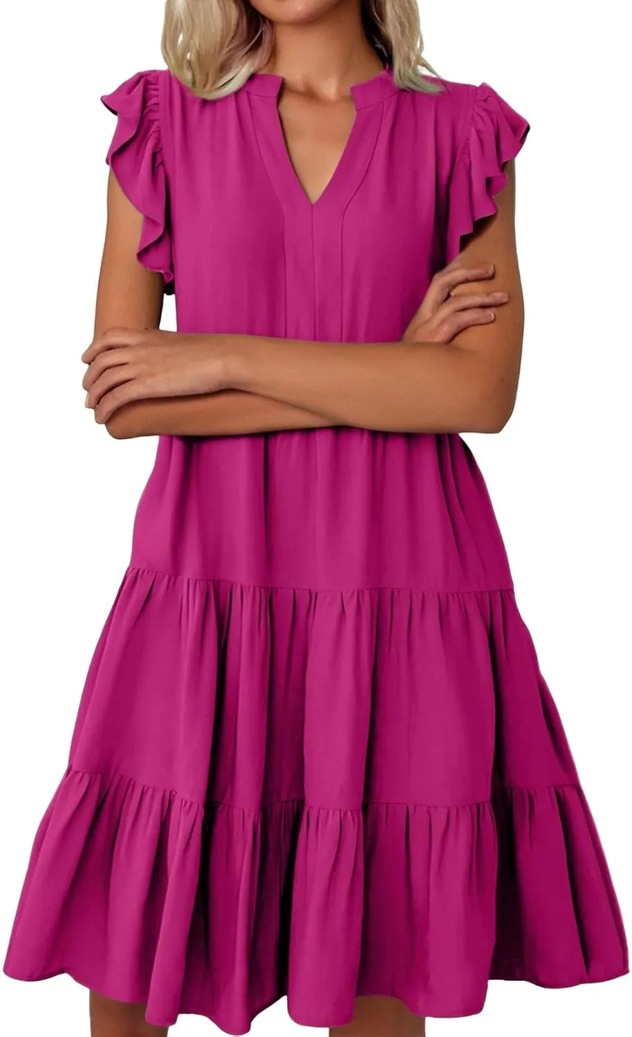 Summer Dresses for Women 2025 Ruffle Sleeve V-Neck Layered A-Line Midi Wedding Guest Boho Beach Vacation Sundresses