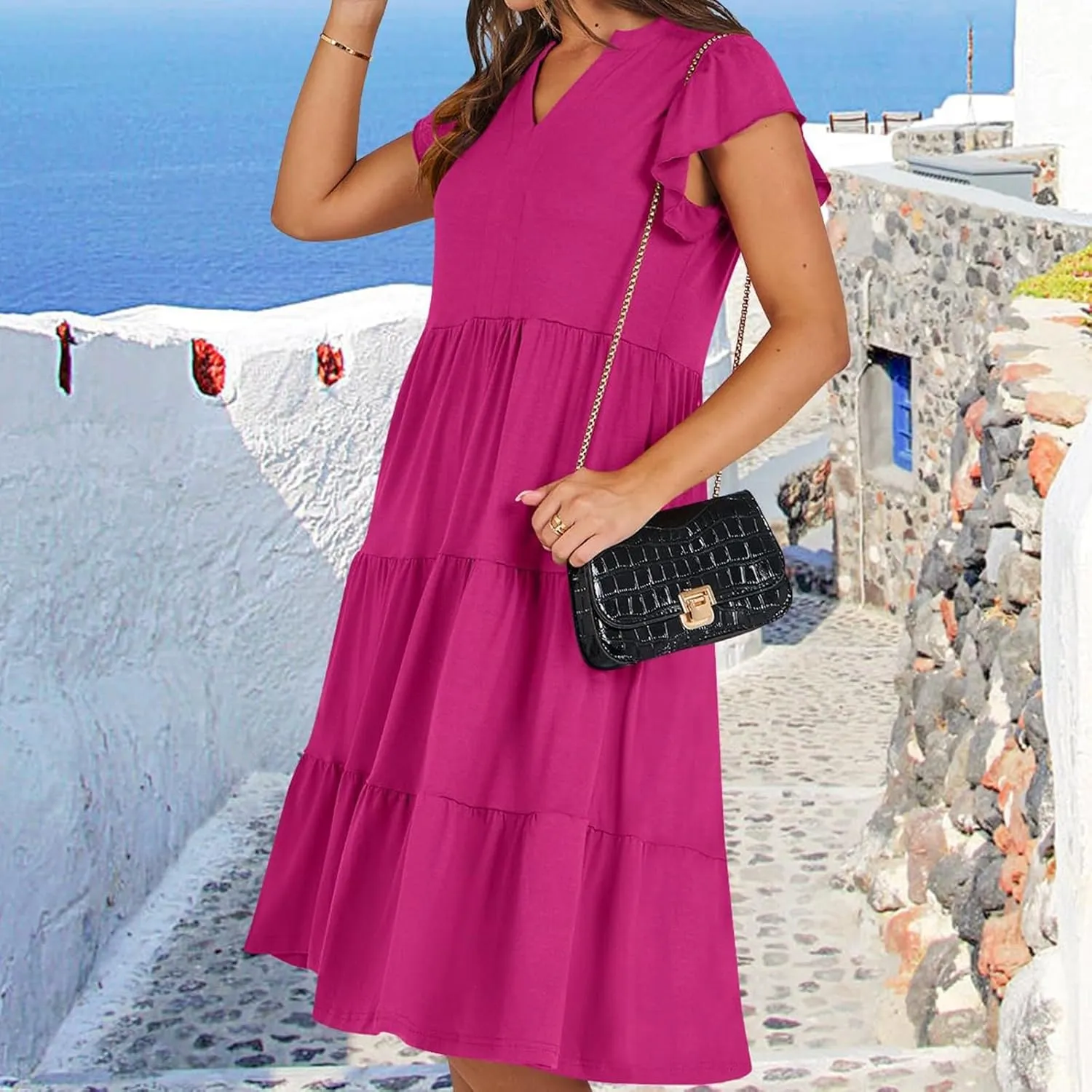 Summer Dresses for Women 2025 Ruffle Sleeve V-Neck Layered A-Line Midi Wedding Guest Boho Beach Vacation Sundresses