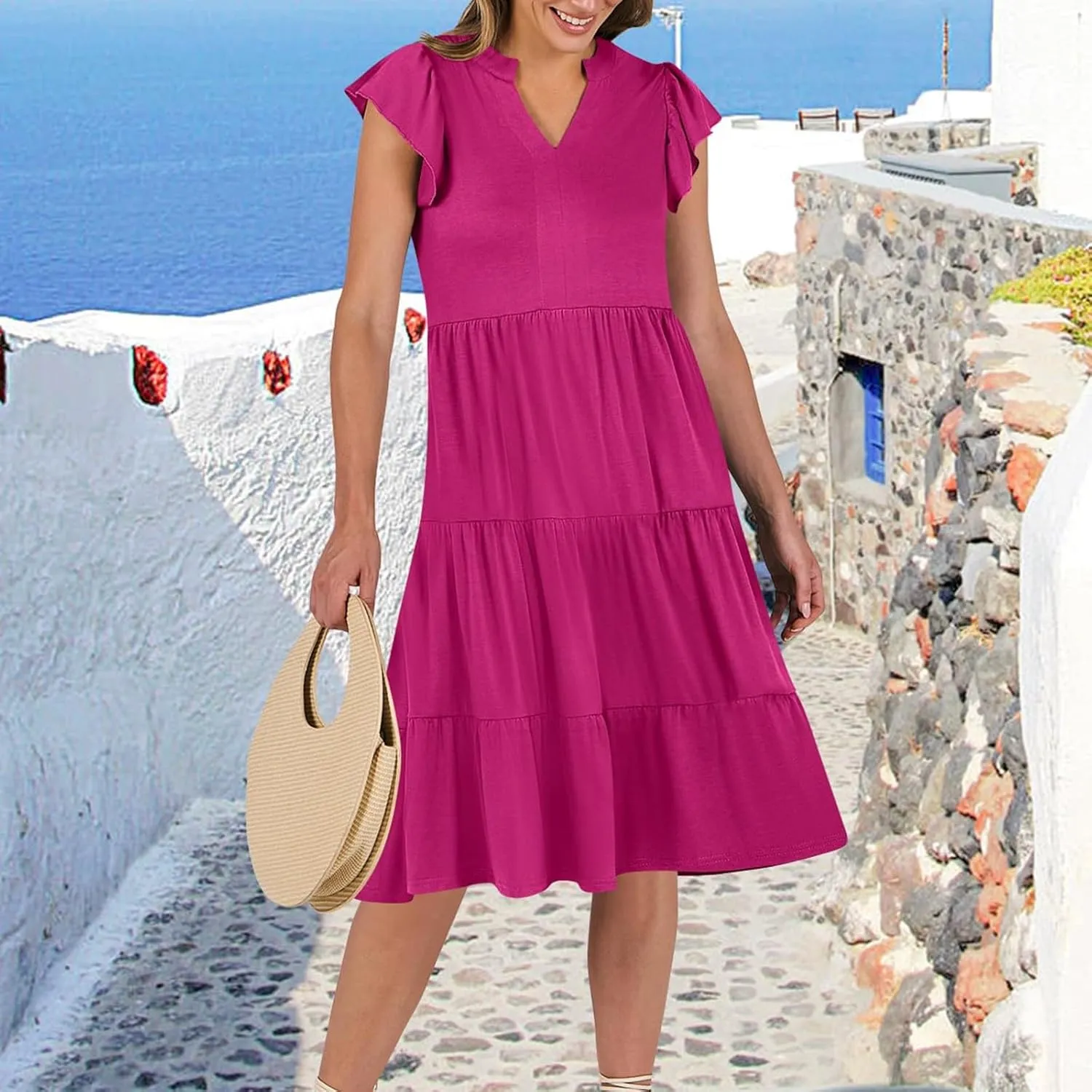 Summer Dresses for Women 2025 Ruffle Sleeve V-Neck Layered A-Line Midi Wedding Guest Boho Beach Vacation Sundresses