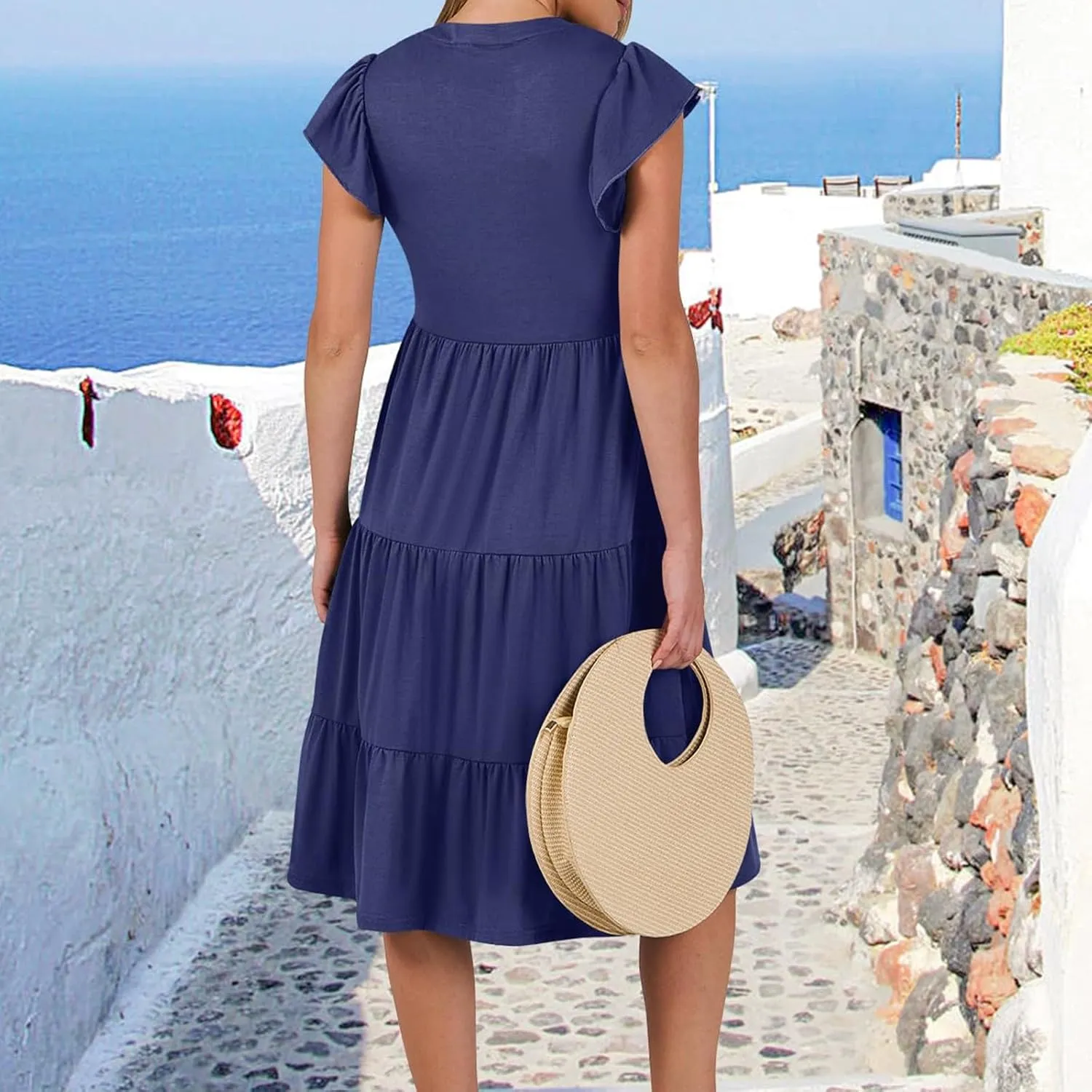 Summer Dresses for Women 2025 Ruffle Sleeve V-Neck Layered A-Line Midi Wedding Guest Boho Beach Vacation Sundresses