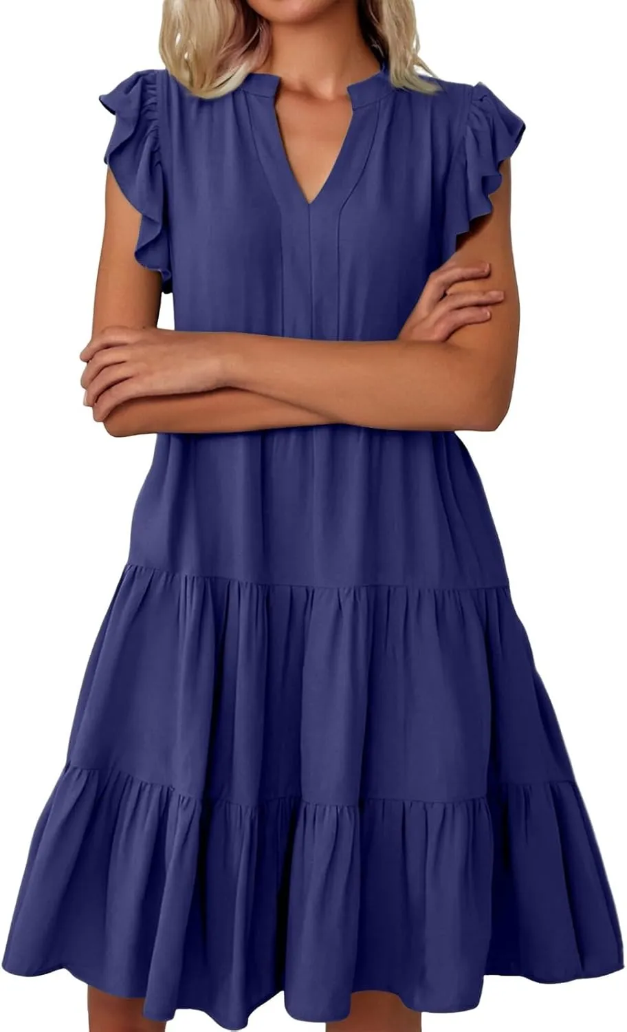 Summer Dresses for Women 2025 Ruffle Sleeve V-Neck Layered A-Line Midi Wedding Guest Boho Beach Vacation Sundresses