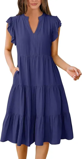 Summer Dresses for Women 2025 Ruffle Sleeve V-Neck Layered A-Line Midi Wedding Guest Boho Beach Vacation Sundresses