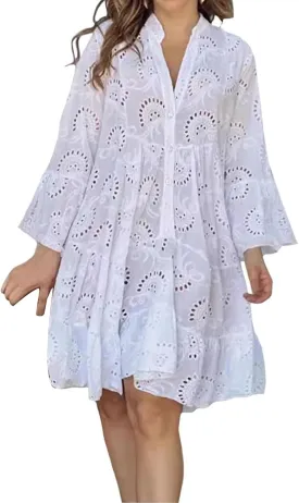 Summer Dresses for Women Floral Boho V Neck Button Down Hollow Out Lace Eyelet Embroidery Midi Flowy Swing Solid