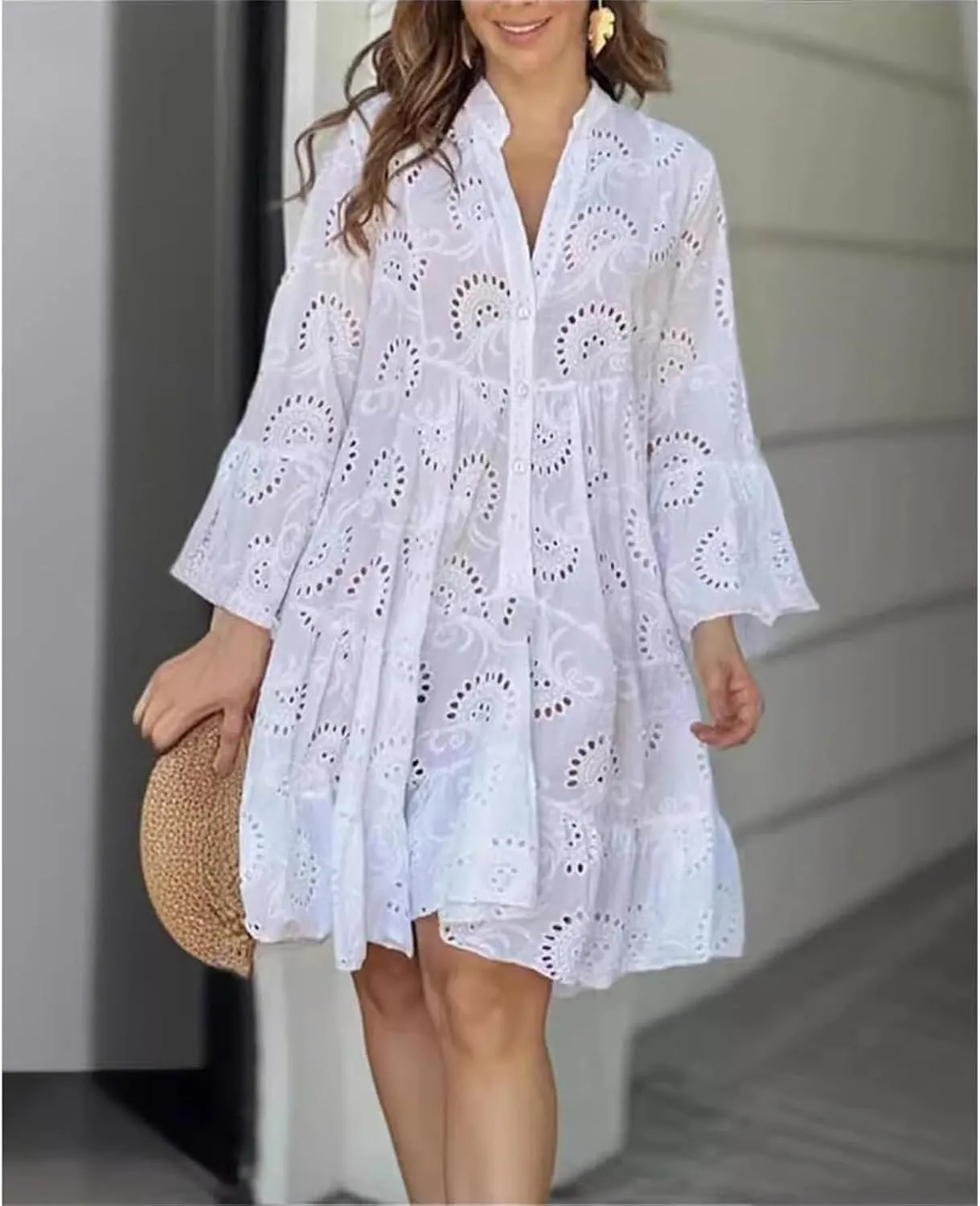 Summer Dresses for Women Floral Boho V Neck Button Down Hollow Out Lace Eyelet Embroidery Midi Flowy Swing Solid