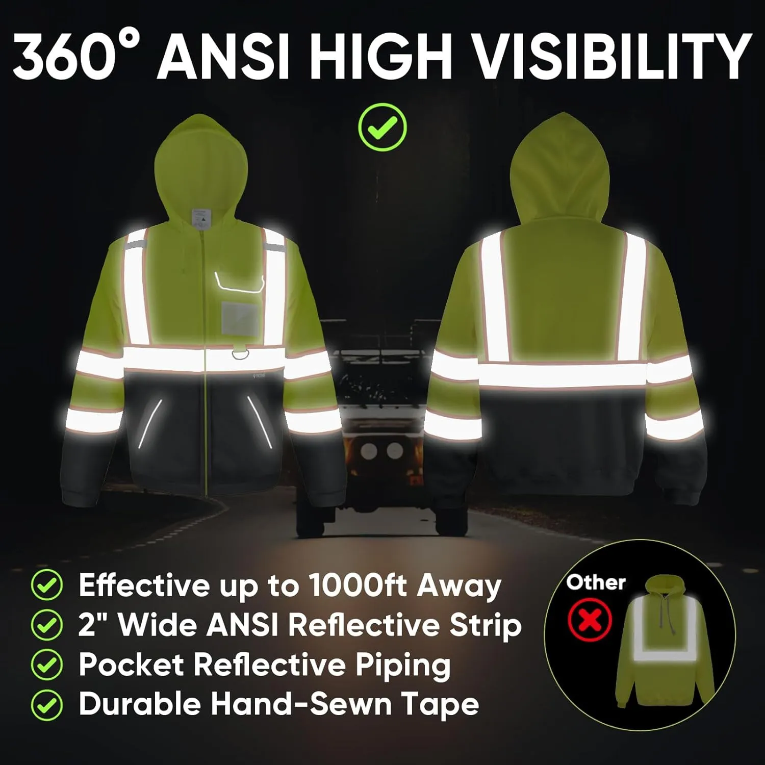 TICONN Safety Hoodie Jacket, High Vis Reflective Safety Fleece Hoodie, PPE Gear for Cold Weather Meet ANSI III