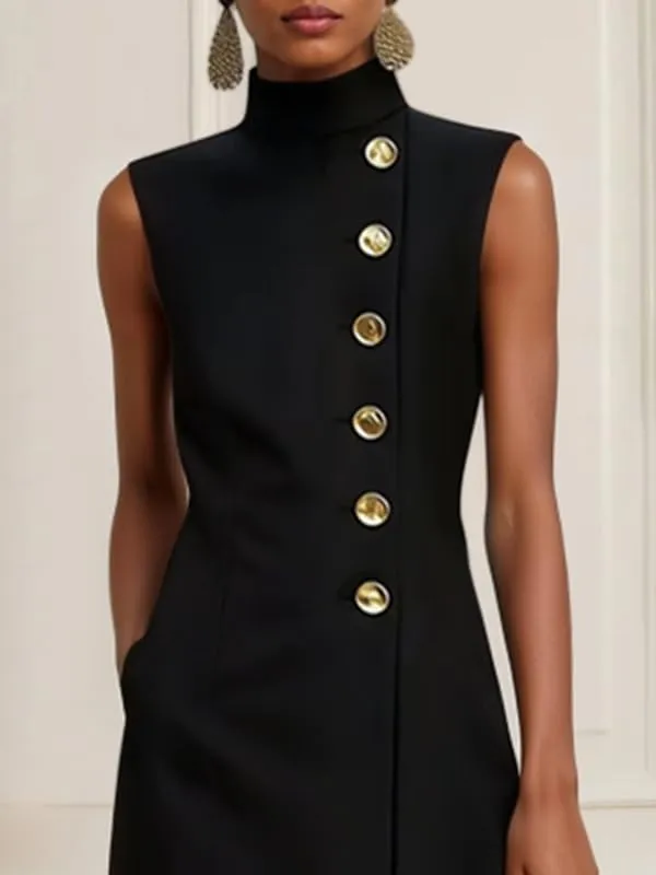 UOOZEE Women's Elegant Formal High Neck Dress Sleeveless Buttons Front Business Casual Work Dress with Pockets