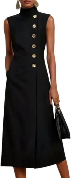 UOOZEE Women's Elegant Formal High Neck Dress Sleeveless Buttons Front Business Casual Work Dress with Pockets