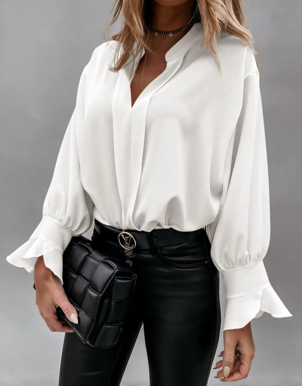 Valphsio Women's Elegant Tops Balloon Sleeve Formal Pleated Shirts V Neck Chiffon Blouses