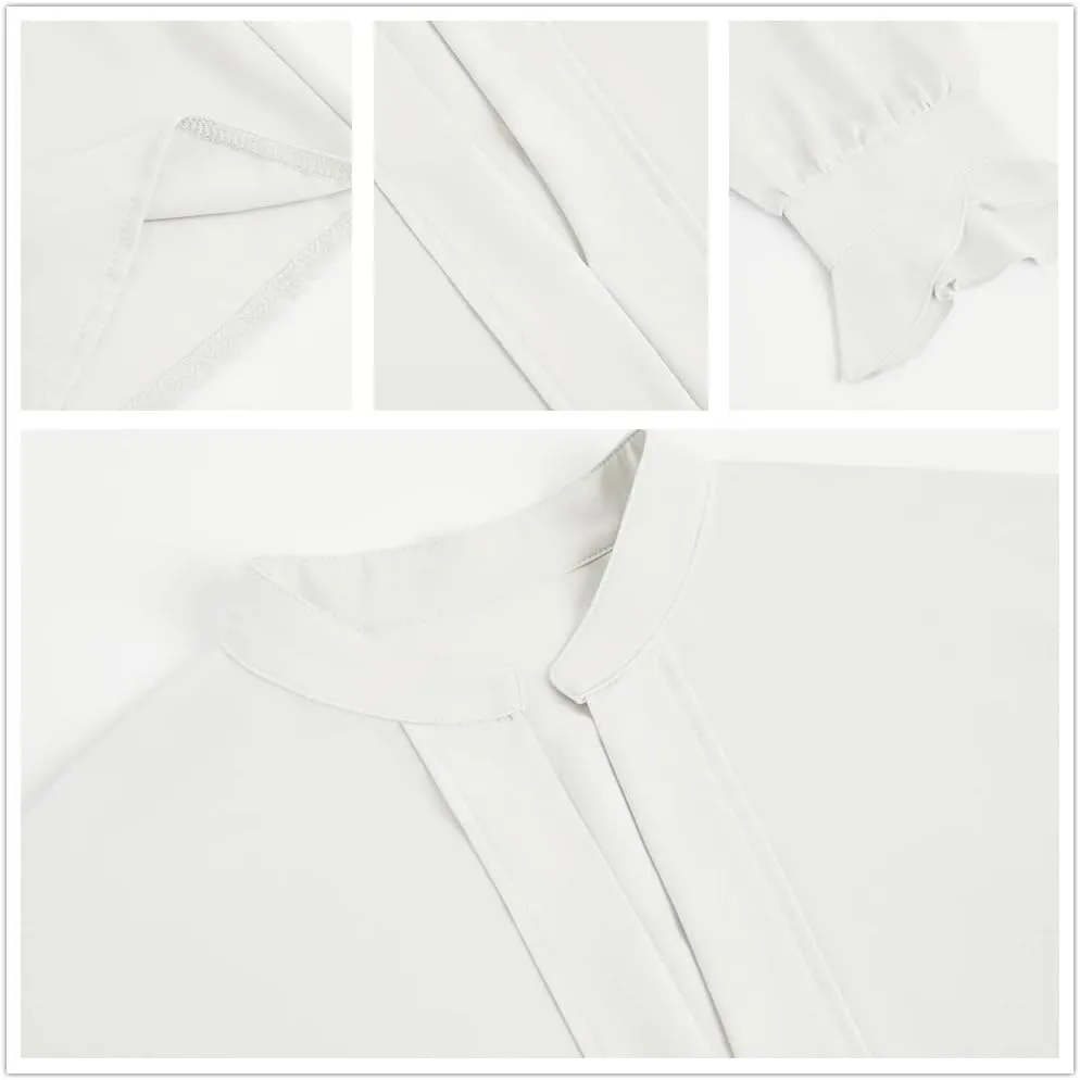 Valphsio Women's Elegant Tops Balloon Sleeve Formal Pleated Shirts V Neck Chiffon Blouses