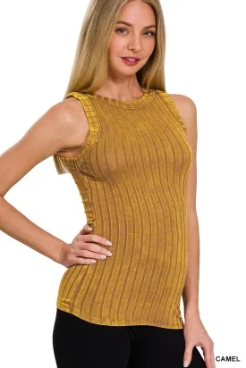 Washed Rib Sleeveless Tank Top - CAMEL