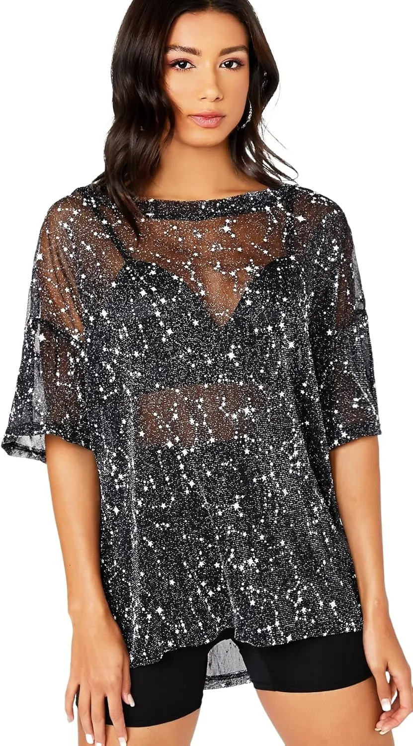 WDIRARA Women's Glitter Sheer See Through Short Sleeve Mesh Top Tee Blouse