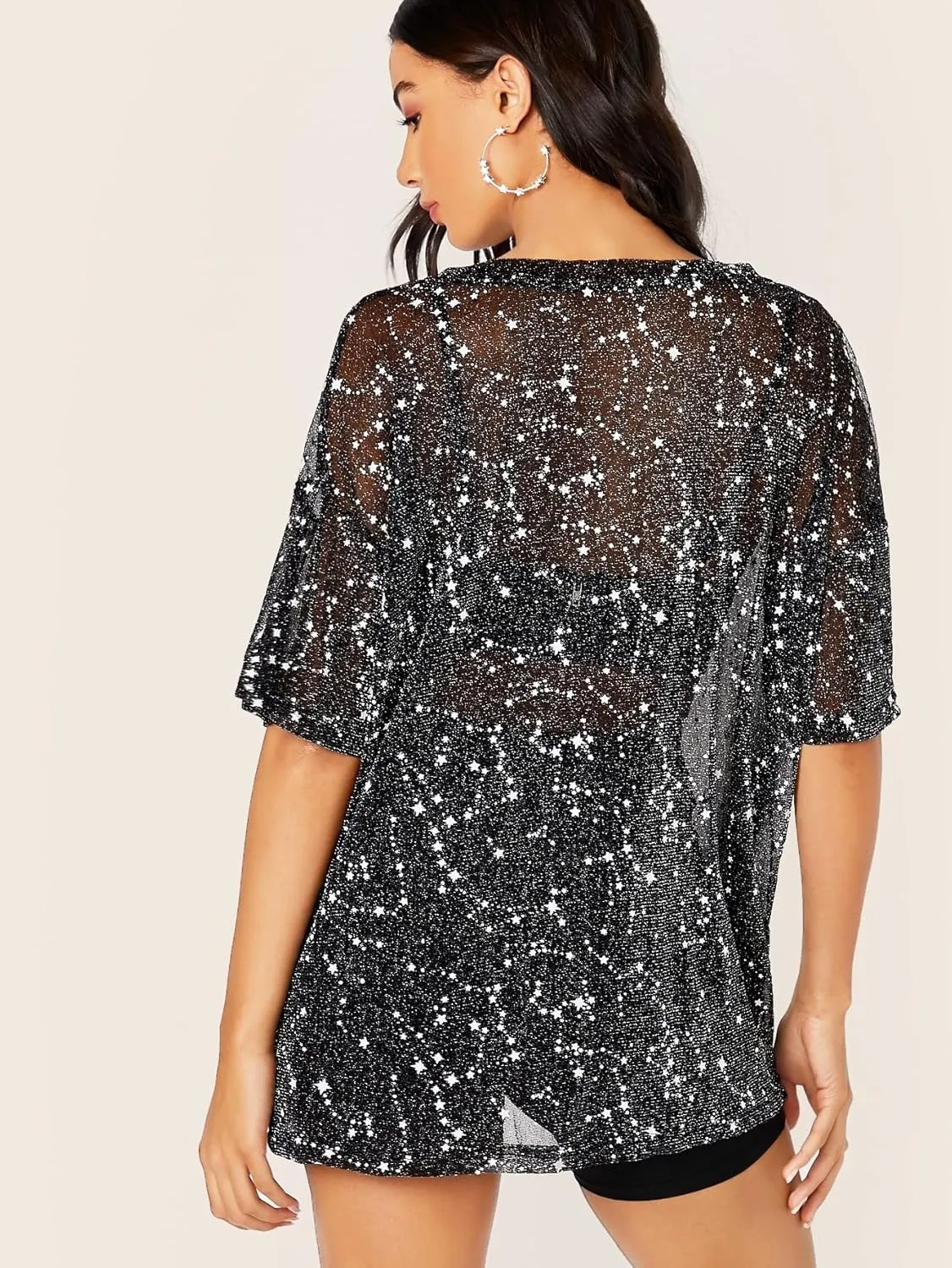 WDIRARA Women's Glitter Sheer See Through Short Sleeve Mesh Top Tee Blouse