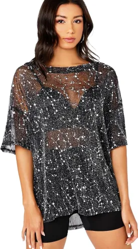 WDIRARA Women's Glitter Sheer See Through Short Sleeve Mesh Top Tee Blouse