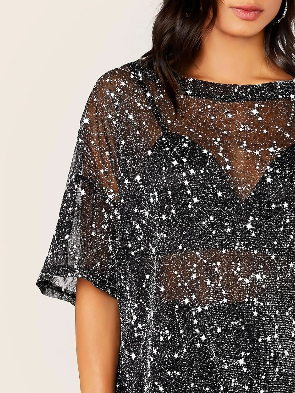 WDIRARA Women's Glitter Sheer See Through Short Sleeve Mesh Top Tee Blouse