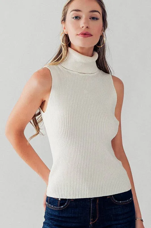 White Rib Knit Turtleneck Tank Top