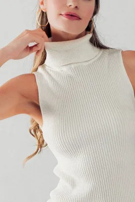 White Rib Knit Turtleneck Tank Top