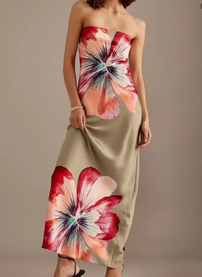 Women Floral Formal Strapless Dress Sexy Backless Maxi Long Dresses Y2K Sleeveless Mesh Bodycon Tube Summer Sundress