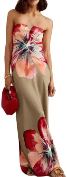 Women Floral Formal Strapless Dress Sexy Backless Maxi Long Dresses Y2K Sleeveless Mesh Bodycon Tube Summer Sundress
