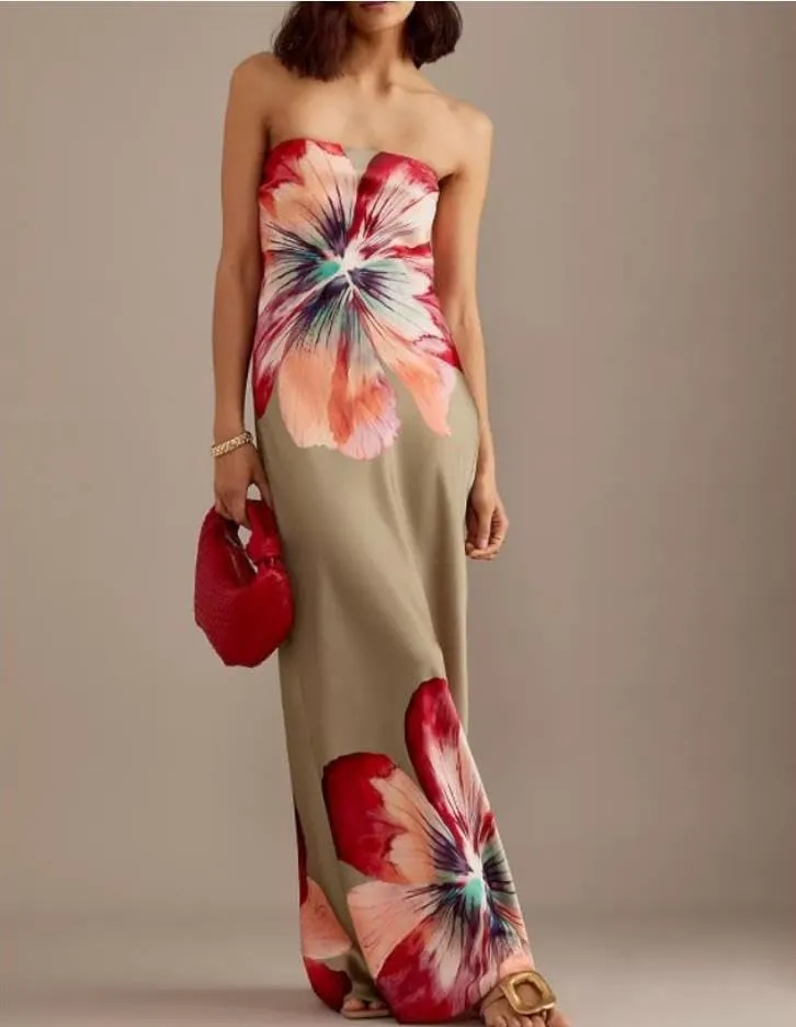 Women Floral Formal Strapless Dress Sexy Backless Maxi Long Dresses Y2K Sleeveless Mesh Bodycon Tube Summer Sundress