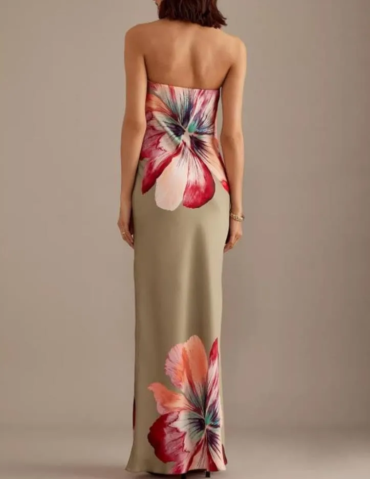 Women Floral Formal Strapless Dress Sexy Backless Maxi Long Dresses Y2K Sleeveless Mesh Bodycon Tube Summer Sundress