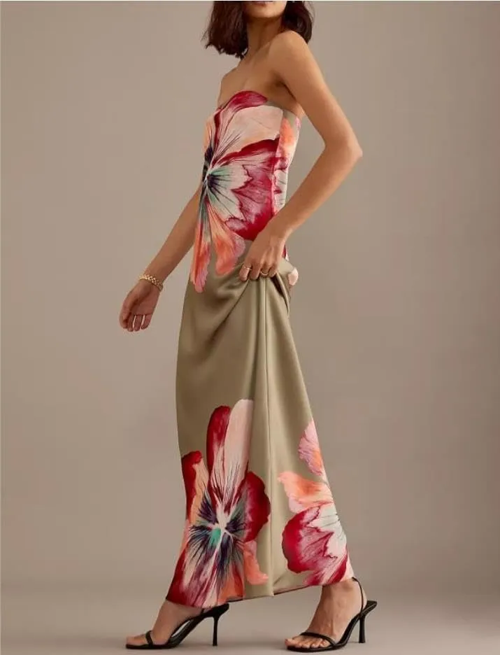Women Floral Formal Strapless Dress Sexy Backless Maxi Long Dresses Y2K Sleeveless Mesh Bodycon Tube Summer Sundress