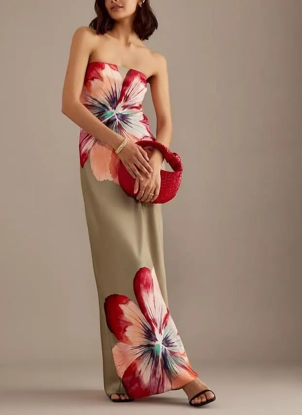 Women Floral Formal Strapless Dress Sexy Backless Maxi Long Dresses Y2K Sleeveless Mesh Bodycon Tube Summer Sundress