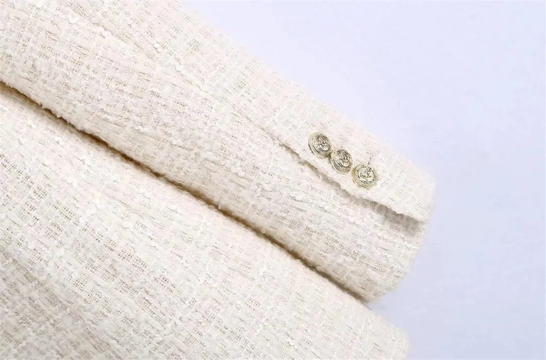 Women Tweed Double Breasted Blazer Coat Chic Vintage Long Sleeve Flap Pockets Outerwear