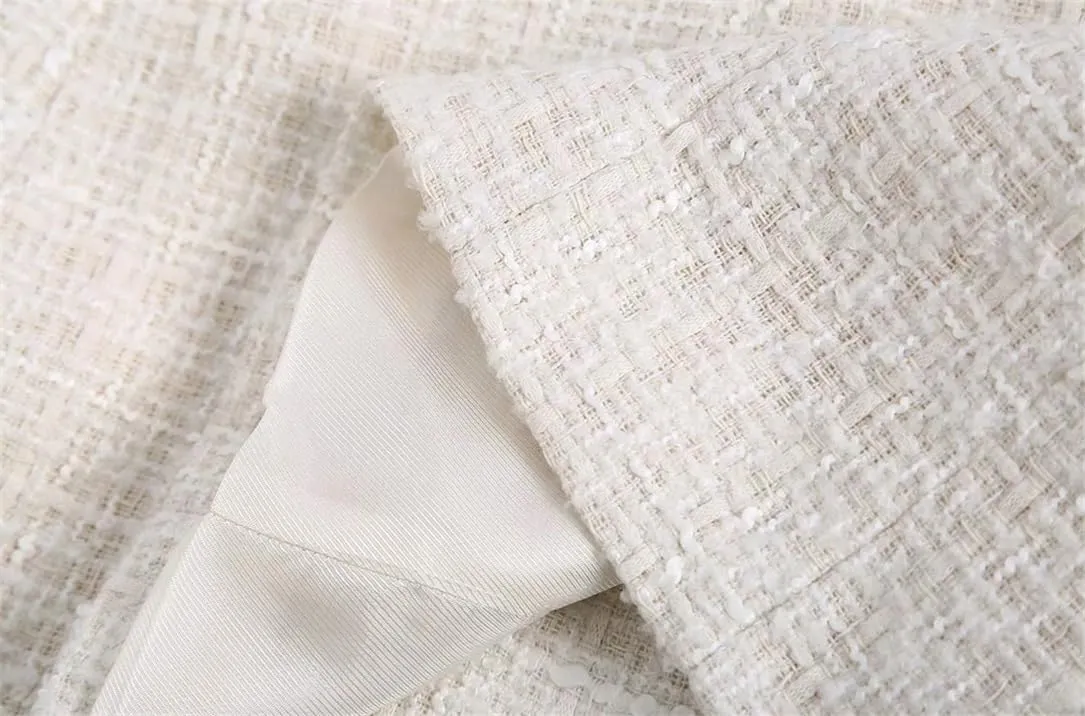 Women Tweed Double Breasted Blazer Coat Chic Vintage Long Sleeve Flap Pockets Outerwear