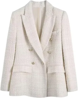Women Tweed Double Breasted Blazer Coat Chic Vintage Long Sleeve Flap Pockets Outerwear