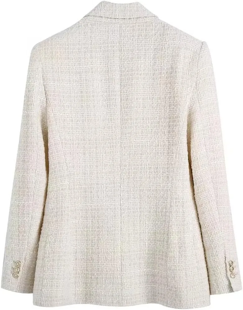 Women Tweed Double Breasted Blazer Coat Chic Vintage Long Sleeve Flap Pockets Outerwear