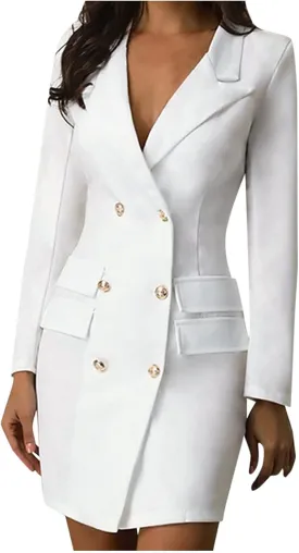 Women's Blazer Dresses Solid Double Breasted Button Front Style Slim Dress Business Formal Blazer Jackets Office Coat