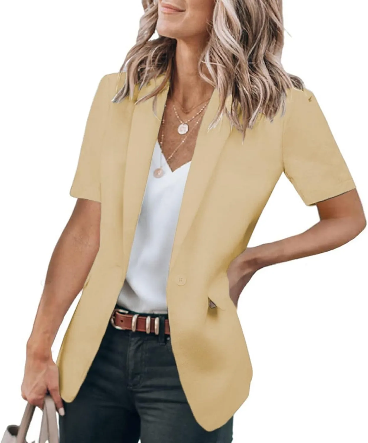 Womens Casual Blazers Work Office Suit Jackets Open Front Short Sleeve Suit Lapel Jacket Blazer with Pockets