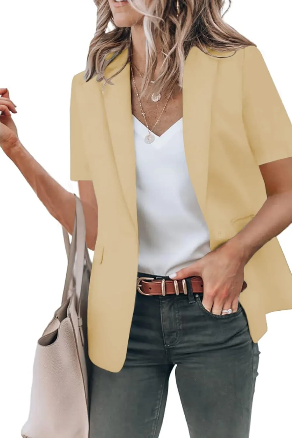 Womens Casual Blazers Work Office Suit Jackets Open Front Short Sleeve Suit Lapel Jacket Blazer with Pockets